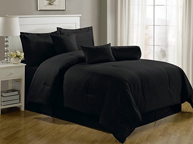 Chezmoi Collection 7-Piece Hotel Dobby Stripe Comforter Set, California King, Black