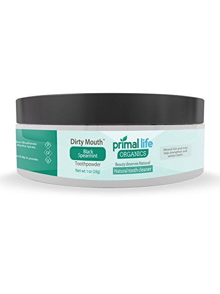 Dirty Mouth Organic Toothpowder #1 BEST RATED All Natural Dental Cleanser- Gently Polishes, Detoxifies, Re-Mineralizes, Strengthens Teeth - Black Spearmint (1 oz = 3mo Supply) - Primal Life Organics