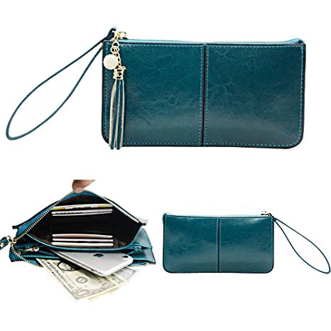 Befen Soft Leather Wristlet Phone Wristlet Wallet Clutch with Wrist Strap / Card slots/ Cash pocket- Fit iPhone 6S Plus/Samsung Note 5- Peacock Green