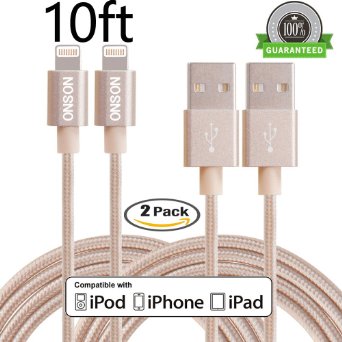 ONSON iPhone Cable,2Pack 10ft Nylon Braided Apple Lightning Cable USB Cord Charging Cable for iPhone 6/6 Plus/6s/6s Plus,iPhone 5 5c 5s,iPad 4 Mini Air (Gold)