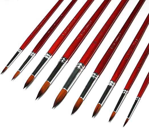 9 Pcs Pointed Round Paint Brushes Set with Synthetic Sable Hair for Fine Art, Miniature, Scale Model Painting in Acrylic, Oil, Watercolour for Students and Professionals