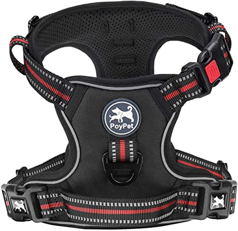 PoyPet No Pull Dog Harness,[Release on Neck] Reflective Adjustable No Choke Pet Vest with Front & Back 2 Leash Attachments,Soft Control Training Handle for Small Medium Large Dogs(Black,M)