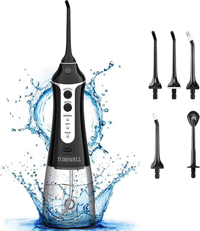 TUREWELL Water Flossing Cordless Oral Irrigator - 300ML Portable IPX7 Waterproof Water Teeth Cleaner, 3 Modes Water Cordless Pick for Teeth/Braces, 5 Water Jet Tips for Travel & Family Use（Black)