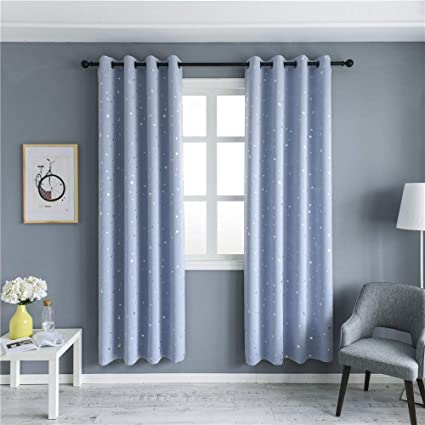 MANGATA CASA Blackout Curtains with Night Sky Twinkle Star 2 Panels for Kids Room, Thermal Insulated Grommet Bedroom Drapes (Light Blue,52x63in)