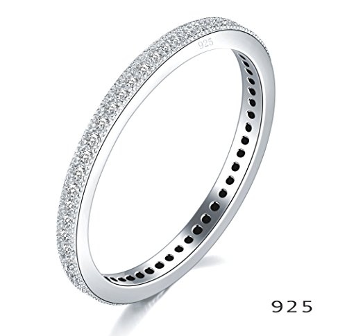 2MM 925 Sterling Silver Ring, Boruo Cubic Zirconia CZ Wedding Band Stackable Ring