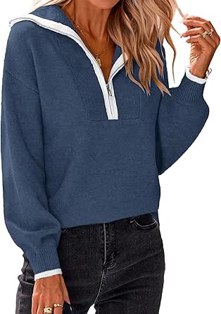 BTFBM Women's 2024 Fall Winter Half Zip Pullover Sweaters Casual V Neck Long Sleeve Ribbed Knit Loose Jumper Tops