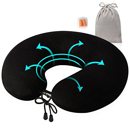 Travel Pillow, Feagar Compact & Portable, Cover Washable Soft Memory Foam U Shaped Neck Pillow Set with Earplugs and Velvet Bag for Flight,Train,Car and Office Naps, Black