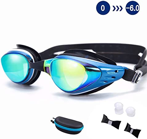 DEFUNX Swimming Goggles,Polarized Optical Swim Goggles UV Protection Anti-Fog Leakproof Myopic Goggles for Shortsighted Women Men Kids with Ear Plugs Replaceable Nose Clips
