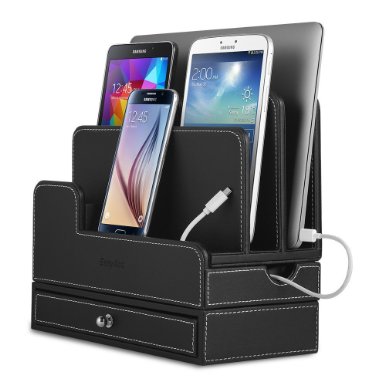 EasyAcc Double-deck Multi-device Charging Organization Station Dock Stand for iPhone 6 6s, iPad Mini 1 2 3, iPad 2 3 4, Samsung Galaxy S7 S7 edge Galaxy Tab 4 10.1 Macbook Air Ect. - Black Pu Leather