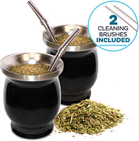 Yerba Mate Natural Gourd/Tea Cup Set of 2 (Original Traditional Mate Cup - 8 Ounces) | Includes Bombilla (Yerba Mate Straw) & Cleaning Brush | Black Stainless Steel | Double-Walled | Easy to Clean