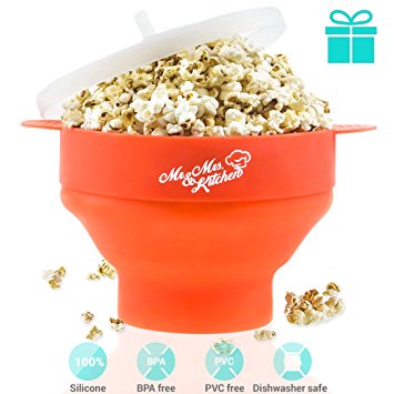 Mr. & Mrs. Kitchen Hot Air Popcorn Popper- 100% Food Grade Silicone Bowl- Home Microwave Popper with Lid & Handles- BPA & PVC Free- Easy To Use & Clean- Bonus Gift Included!