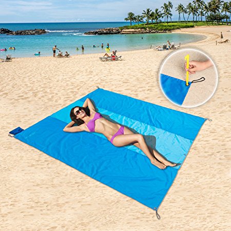 Pocket Blankets,Sandless Mat Compact Picnic / Beach Blanket - XL Extra Large (83 x 83 Inches) for 4 - 6 People with 6 Ground Stakes