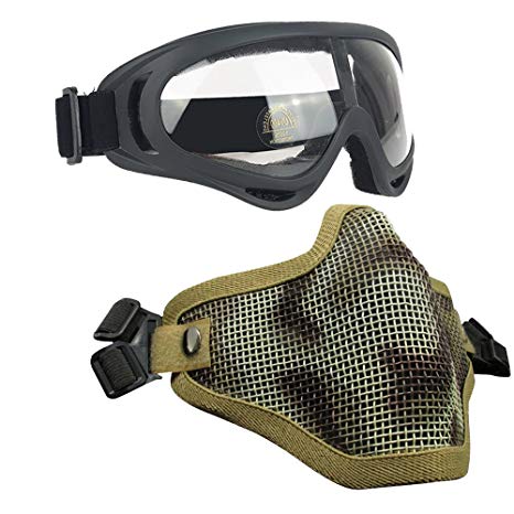 Infityle Airsoft Masks - Half Metal Steel Mesh Face Mask Military Style Comfortable Adjustable and UV400 Goggles Set for Hunting, Paintball, Shooting