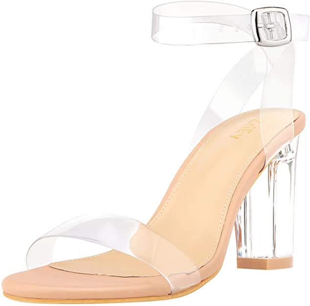 ZriEy Women's Clear Block Heels Ankle Strap Sandals Open Toe Chunky Strappy Platform Sandals Adjustable Buckle Lucite Chunky High Heel Shoes