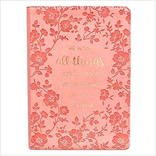 He Works All Things Romans 8:28 Bible Verse Peach Faux Leather Journal w/Ribbon Marker Inspirational Notebook w/Lined Pages, 6 x 8.5 Inches