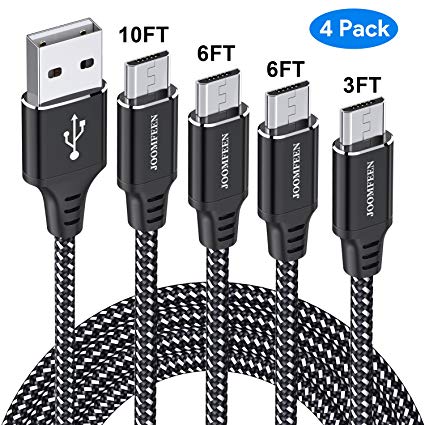 Micro USB Cable,JOOMFEEN [4Pack 3FT/6FT/6FT/10FT]High Speed USB to Micro USB 2.0 Cable Fast Charging and Syncing Nylon Braided Android Charger Cord for Samsung,Kindle,Tablet,HTC,LG,PS4 (Black/Silver)