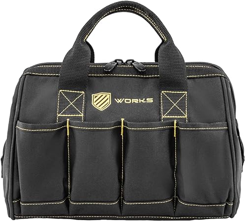 Works 12 Inch Wide Mouth Small Tool bag with 8 Pockets for Tools Organization | Heavy Duty | Dual Zippered | Base with Feet to keep your Tools Dry