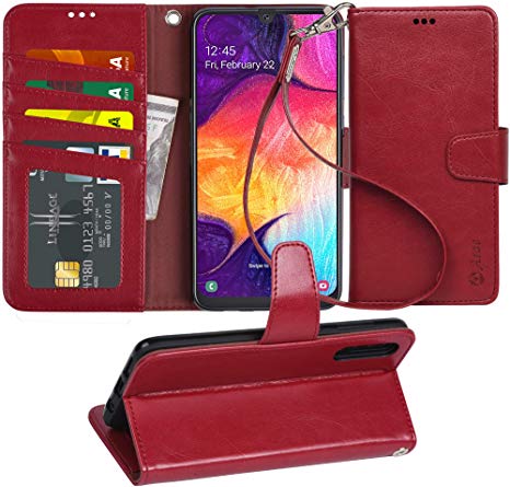 Arae Wallet Case for Samsung Galaxy A50 PU Leather flip case Cover [Stand Feature] with Wrist Strap and [4-Slots] ID&Credit Cards Pocket for Samsung Galaxy A50 (Wine red)