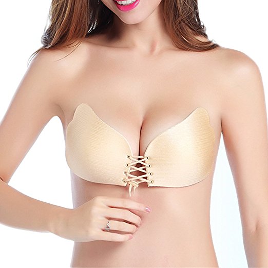 [Newest Version] Strapless Self Adhesive Bra Reusable Silicone Pushup Invisible Bra with Drawstring