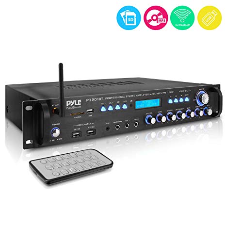 Multi Channel Bluetooth Preamplifier Receiver - 3000 Watt Audio Home Speaker Sound Stereo Receiver w/ Radio, USB, Headphone, AUX, RCA, Dual Microphone w/ Echo, LED, Wireless Streaming - Pyle P3201BT