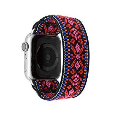 Tefeca Red Embroidery Ethnic Pattern Elastic Compatible/Replacement Band for Apple Watch 38mm 40mm 42mm 44mm (Silver Adapter for 38mm/40mm Apple Watch, Wrist Size : 6.0-6.4 inch (L2))