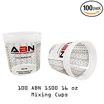 ABN Clear Plastic Mixing Cup 100-Pack 16oz Ounce / 473mL Milliliter Container with Ratios for Paint, Activators, Thinner