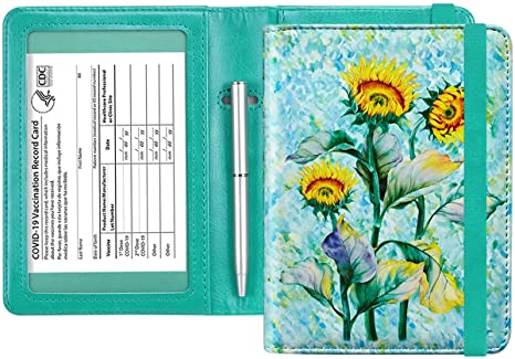 Passport and Vaccine Card Holder Combo - HOTCOOL Leather RFID Blocking Wallet with Elastic Strap Travel Cover Case for Passport, with USA CDC Vaccination Card Slot, with Pen, Sunflower