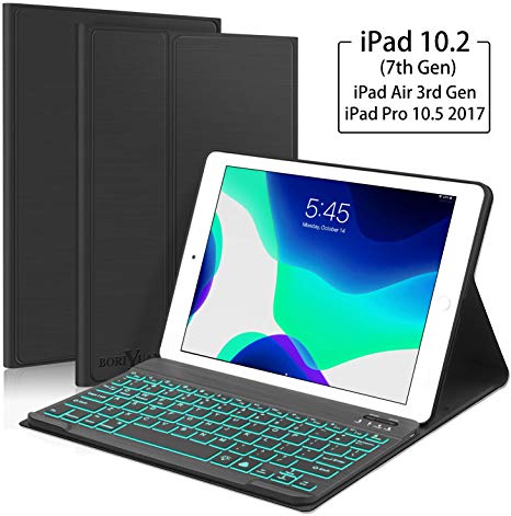 New iPad 10.2 7th Generation 2019 Keyboard Case, Boriyuan 7 Colors Backlit Detachable Keyboard Slim Leather Folio Smart Cover for iPad 10.2 Inch/iPad Air 3 10.5"(3rd Gen)/iPad Pro 10.5 inch – Black