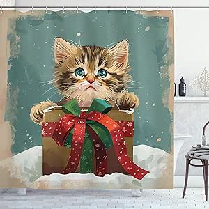 Ambesonne Christmas Shower Curtain, Cartoonish Delicate Tabby Cat Kitten with Classic Paint Look Lines, Cloth Fabric Bathroom Decor Set with Hooks, 69" W x 70" L, Cadet Blue Fawn Dark Pink