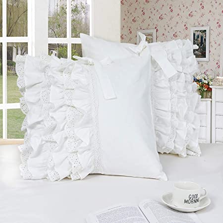 Softta Cute Girls White Ruffles Pillow Covers (2-Pack No Comforter No Filling) Decorative Boho Lace Pathwork Pillowcase Home Soft 26×26 Inches（66cm×66cm）