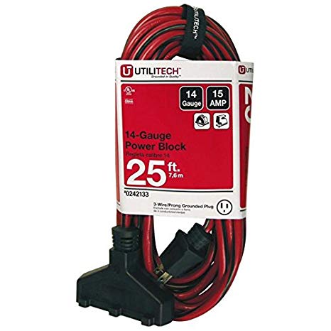 Utilitech 25-ft 15-Amp 120-Volt 3-Outlet 14-Gauge Red/Black Outdoor Extension Cord