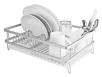 Large Countertop, Sink Dish Drainer Drying Rack with Drain Board and BPA Free Utensil Holder – Air dry Dishes, Bowls, Wine Glasses, Silverware, Plates, Utensils - 12" x 16.75" x 5.65" Aluminum