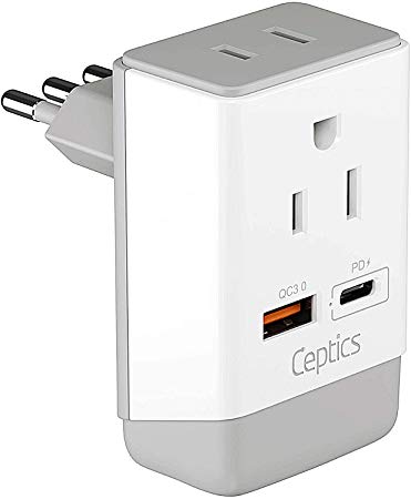 Italy Chile Travel Plug Adapter with QC 3.0 & PD by Ceptics, Safe Dual USB & USB-C - 2 USA Socket Compact & Powerful - Use in Uruguay Libya Syria Tunisia - Type L AP-12 - Fast Charging