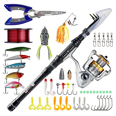 Runcl Telescopic Fishing Rod and Reel Combos, Spinning Rod and Reel Combo, Carbon Fiber Fishing Pole with Spinning Reel Lures Lines Hooks for Freshwater Saltwater Boat Fishing
