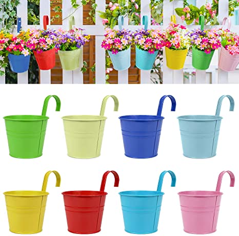 RIOGOO Flower Pots, Garden Pots Hanging Buckets Hanging Planter,Metal Flower Pots Plant Pots Home Decor - Detachable Hook (8 PCS Middle size)