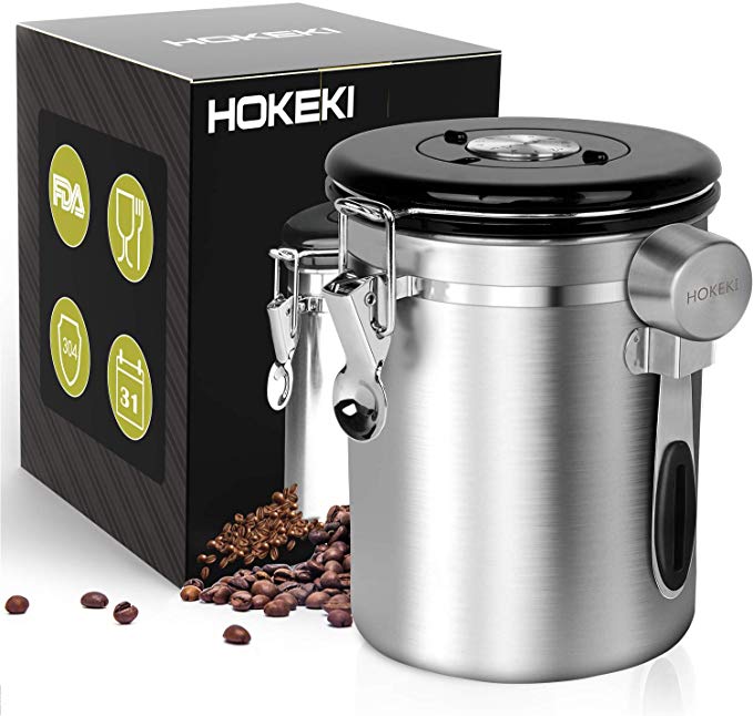 HOKEKI Airtight Coffee Canister, Stainless Steel Container for The Kitchen, Coffee Ground Vault Jar with One Way Co2 Valve and Scoop, Tea Coffee Sugar, Extra Coffee Spoon, 16 oz (Stainless Steel)