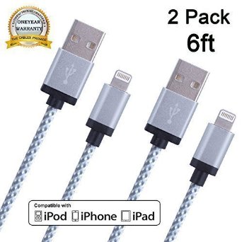 CablexTM2Pack 6FT Extra Long Nylon Braided 8 Pin Lightning to USB Charging Cable Cord with Aluminum Heads for iPhone 66s6 plus6s plus 5c5s5 iPad AirMini iPod NanoTouch White