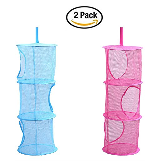 Yamde 2 Pcs Mesh Hanging Storage, Multifunctional 3 Compartments Hanging Mesh Portable Travel Folding Kids Toy Storage Basket Organizer Bags Hanging Clothes Dryer Net Used for Bedroom Wall Closet