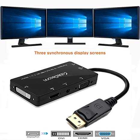 CABLEDECONN 4-in-1 Multi-Function Displayport to Hdmi/Dvi/Vga Adapter Cable with Micro USB Audio Output Male to Female Converter Supports 3 Monitors at The Same Time