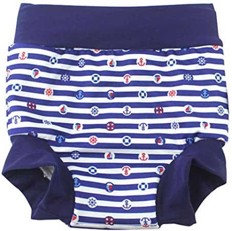 BabyPreg Baby Kids Swim Nappies Cover Diaper Pants High-Waisted Belly Protection Swimming Shorts (Navy Stripe, 0-2 Years)