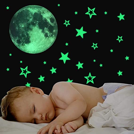 Glow in The Dark Stars Wall Sticker, H2MTOOL 3D Glowing Stars Moon for Ceiling and Wall Decals Kids Room Deco (Green Stars Moon, Large)