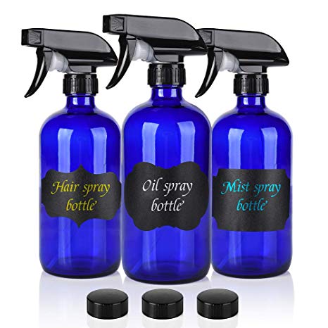 Glass Spray Bottle，Empty Cobalt Blue Spray Bottle Refillable Containers, 16oz Spray Bottles for Essential Oils, Cleaning, Aromatherapy, Durable Black Trigger Sprayer Fine Mist and Stream（3 Pack）