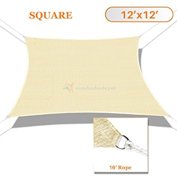 Sunshades Depot 12' x 12' Sun Shade Sail Square Permeable Canopy Tan Beige Custom Size Available Commercial Standard