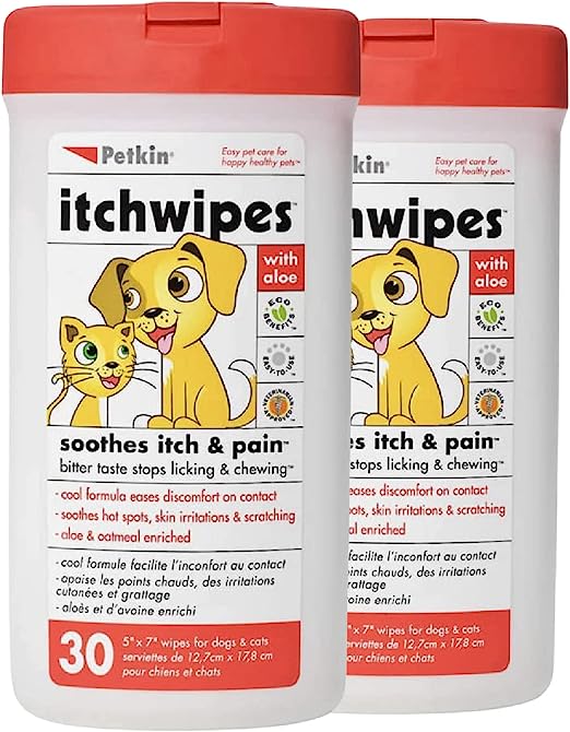 Petkin Anti Itch Wipes for Dogs and Cats, 60 Wipes, 2 Pack - Soothes Hot Spots, Skin Irritations and Scratching - Bitter Taste Stops Licking and Chewing - Super Convenient, Ideal for Home or Travel