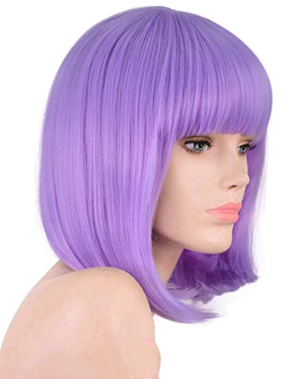 Annivia Lavender Purple Short Bob Wig for Women 12'' Heat Resistant Synthetic Straight Wigs with Bangs Halloween Cosplay Party Wig Natural As Real Hair Lavender Purple Wig for Women (Lavender Purple)