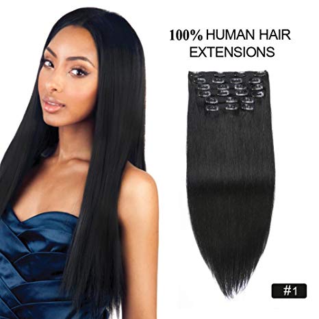 Clip in Hair Extensions Human Hair, Re4U 16inch Silky Straight 10 pieces #1 Jet Black Clip in Hair Extensions African American 130 grams Real Remy Hair (16" 10pcs 130g #1 Jet Black)