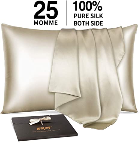 Winjoy Silk Pillowcase for Hair and Skin,100% Natural Mulberry Silk Pillowcases with Hidden Zipper,Soft Breathable Both Sides Pure Silk (Beige, King)