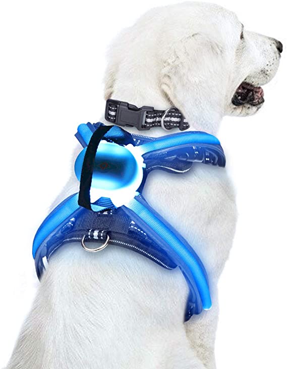 WINSEE LED Illuminated and Reflective Dog Harness/Vest No Pull Collar for Large Big Pets, Sturdy Handle and Multicolored Fiber Optics, Easy Control, USB Rechargeable, Adjustable, Removable, Rainproof