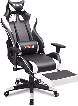 Gaming Chair with footrest, Adjustable Computer Chair Office Desk Chair with Headrest and Lumbar Support, Ergonomic Design Swivel Heavy Duty Chair, PU Leather High Back E-Sports Chair,White