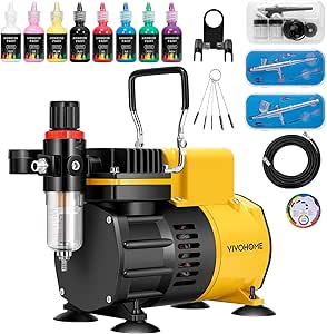 VIVOHOME Airbrush Kit with Dual Fan Air Compressor and 3 Dual Action Airbrush Gun, Gravity and Siphon Feed, Quiet Air Brush Set with 8 Primary Opaque Colors, Cleaning Brush, Yellow